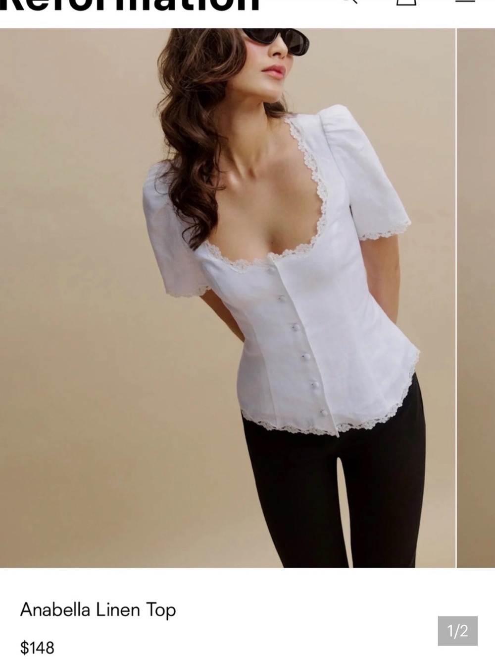 Reformation Anabella Linen Lace-Trim Blouse — White